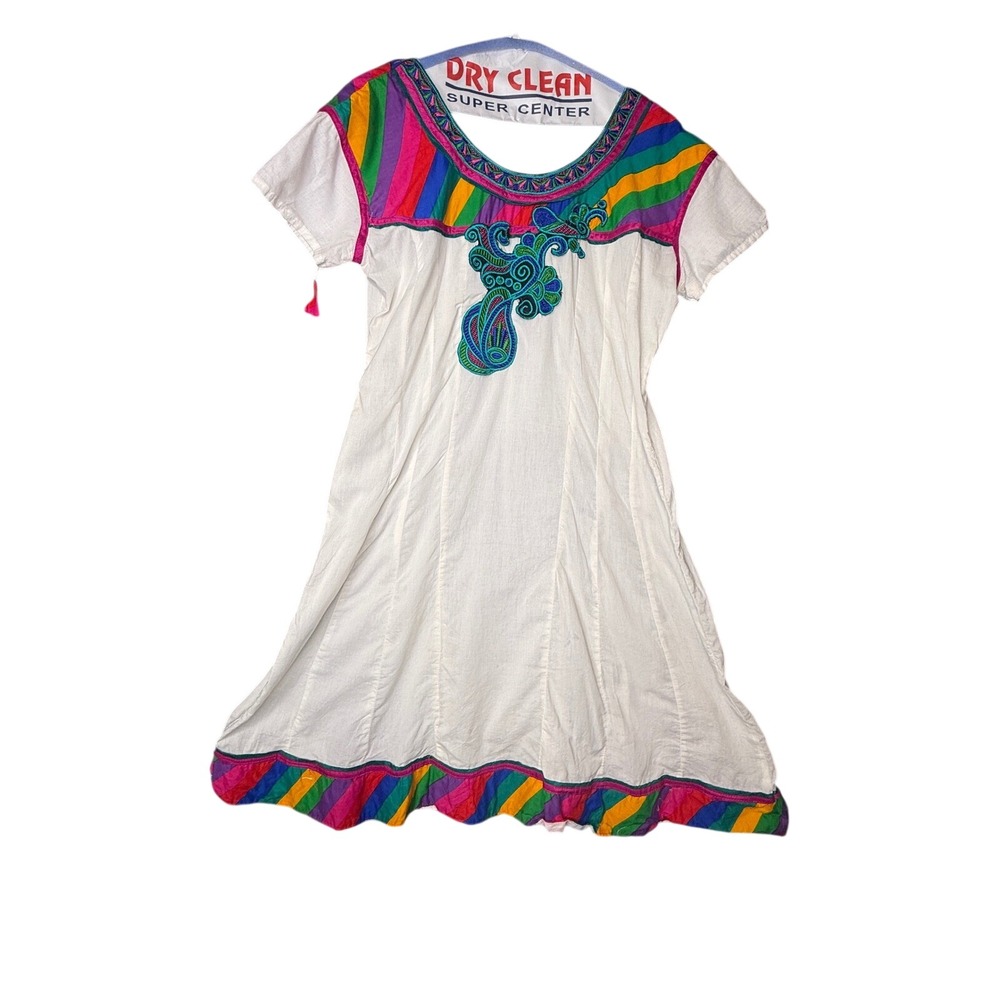 Vintage Mexican Folk Art White Rainbow Stripe Peacock Embroidered Midi Dress